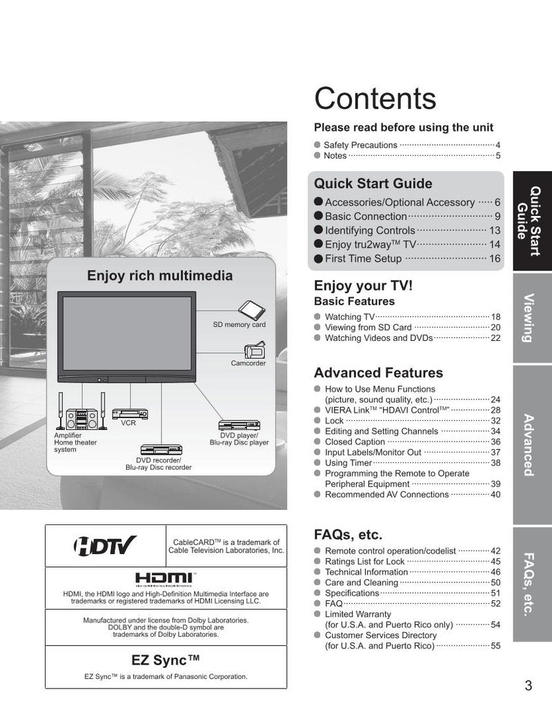 Panasonic TH42PZ80Q TH50PZ80Q TV Operating Manual