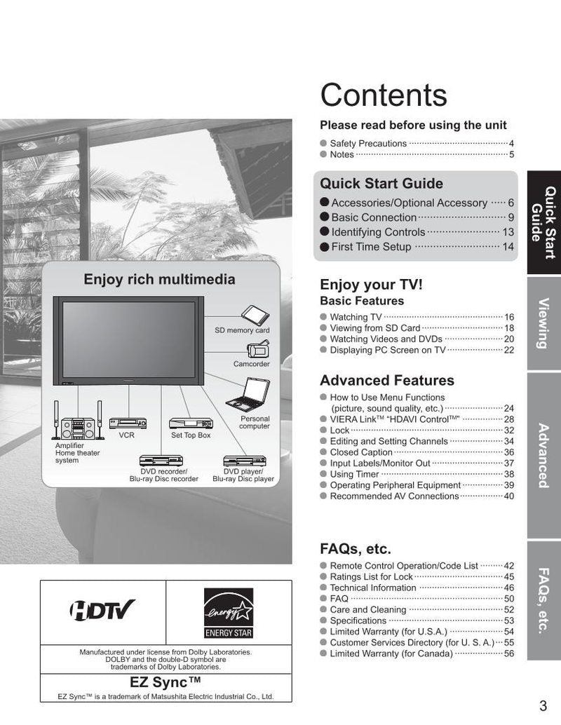 Panasonic TH50PZ85UOM TV Operating Manual