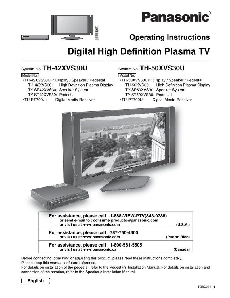 Panasonic TH42XVS30 TH50XVS30 TH50XVS30U TV Operating Manual