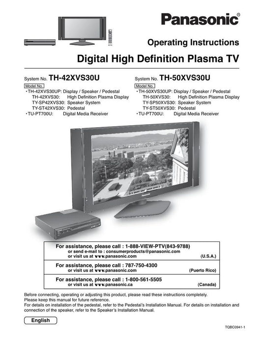 Panasonic TH42XVS30 TH50XVS30 TH50XVS30U TV Operating Manual