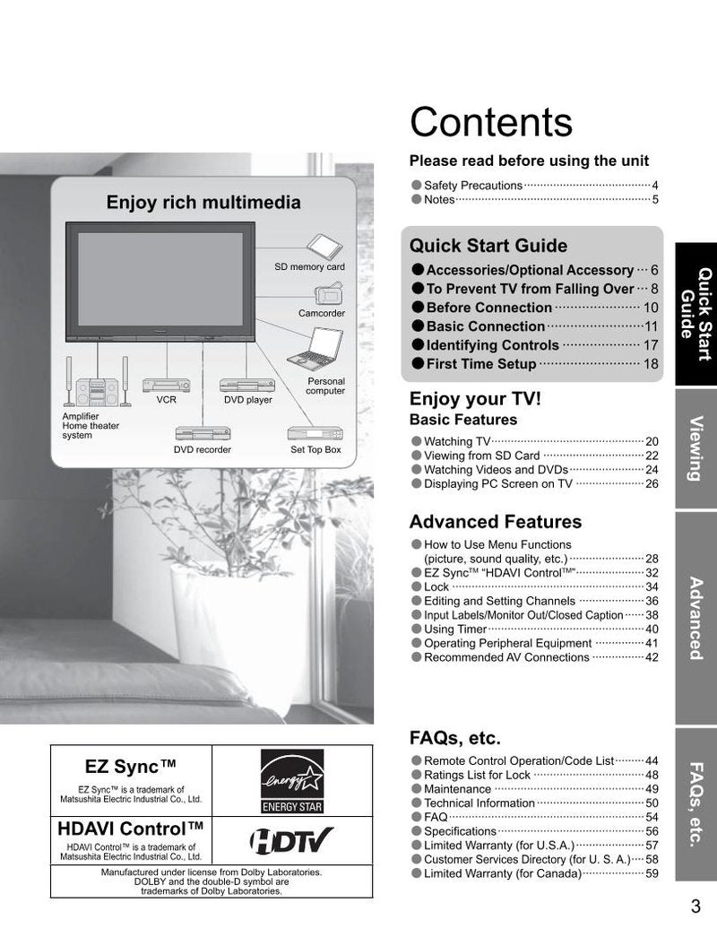 Panasonic TH58PZ700UOM TV Operating Manual