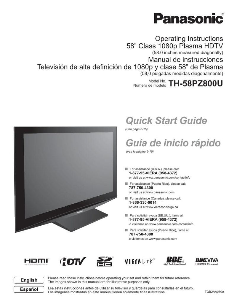 Panasonic TH58PZ800UOM TV Operating Manual