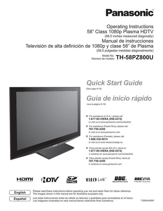 Panasonic TH58PZ800UOM TV Operating Manual