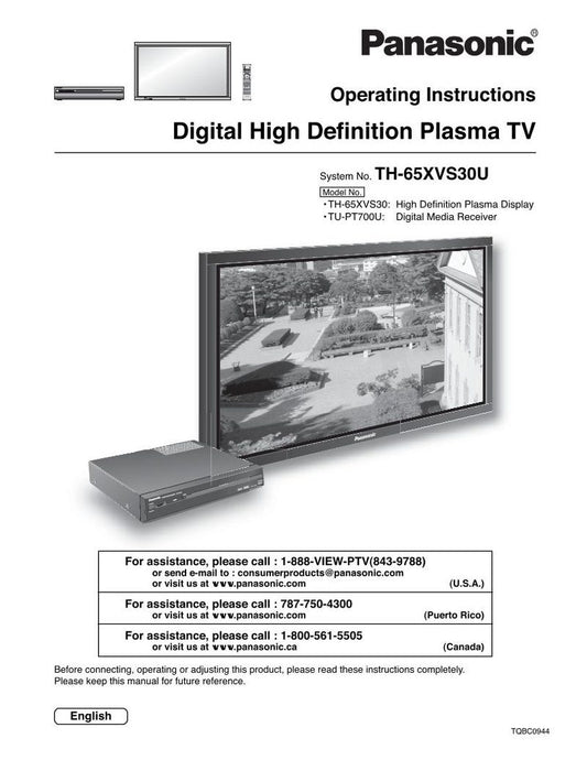 Panasonic TH65XVS30U TUPT700U TV Operating Manual