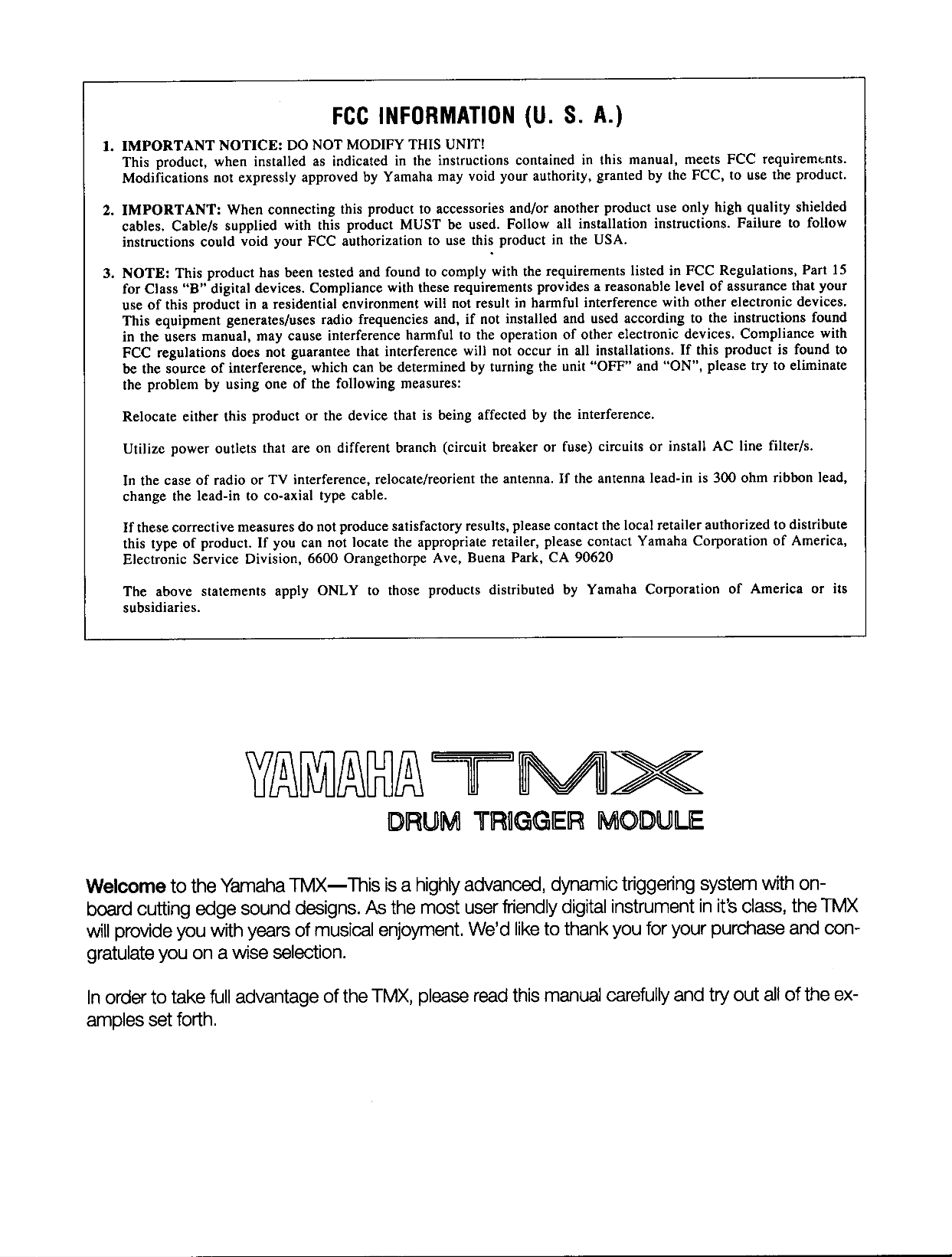 Yamaha TMX Drum Trigger Module Owner/ User Manual (Pages: 60)