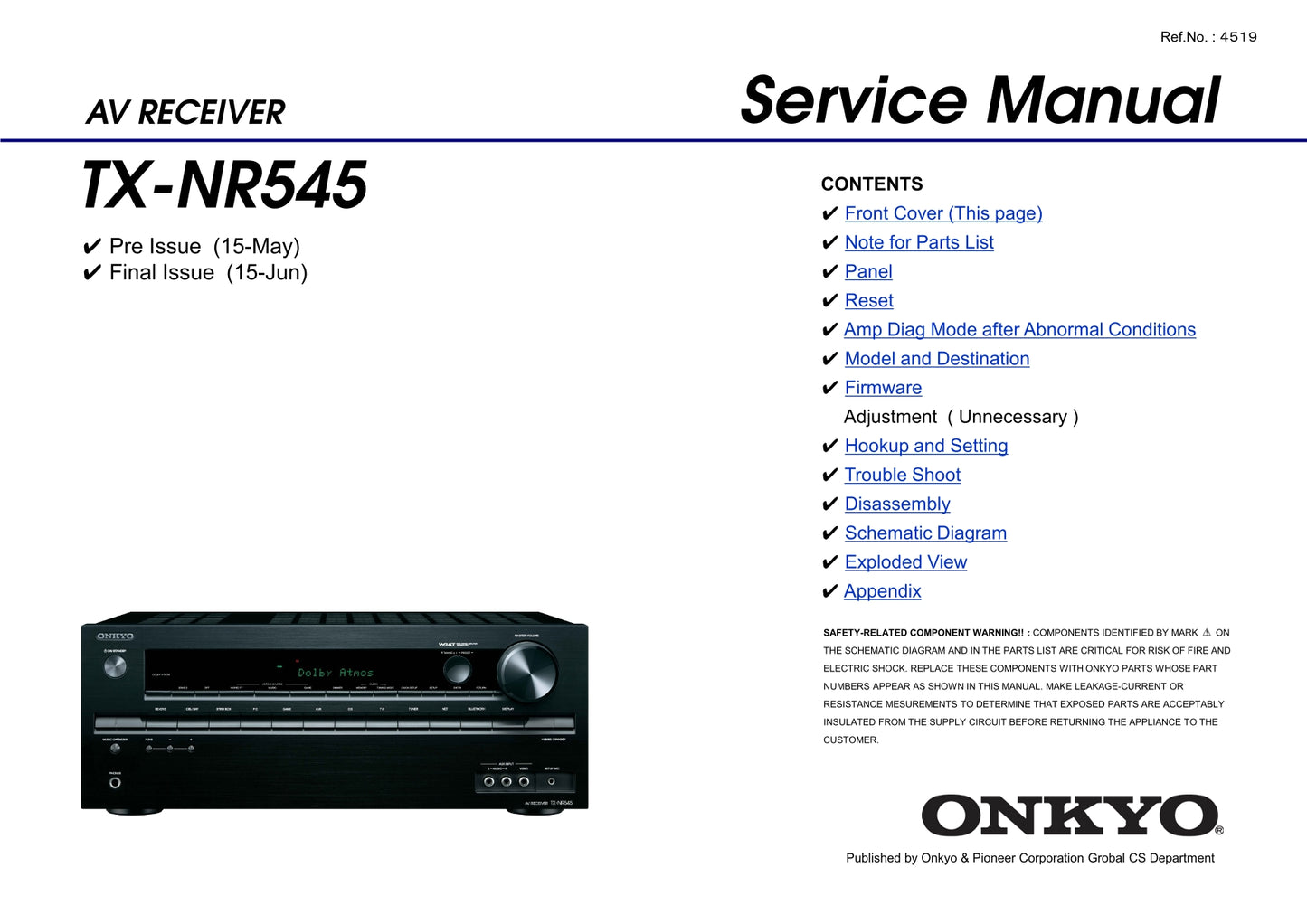 Onkyo TX-NR545 AV Receiver Service Manual (Pages: 131)