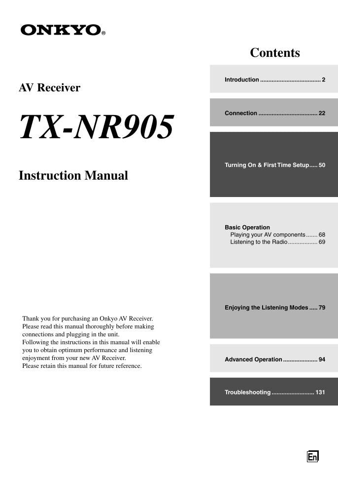 Onkyo TXNR905 TXSR876 Audio/Video Receiver Operating Manual