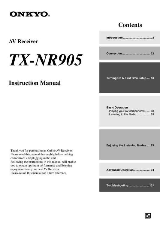 Onkyo TXNR905 TXSR876 Audio/Video Receiver Operating Manual