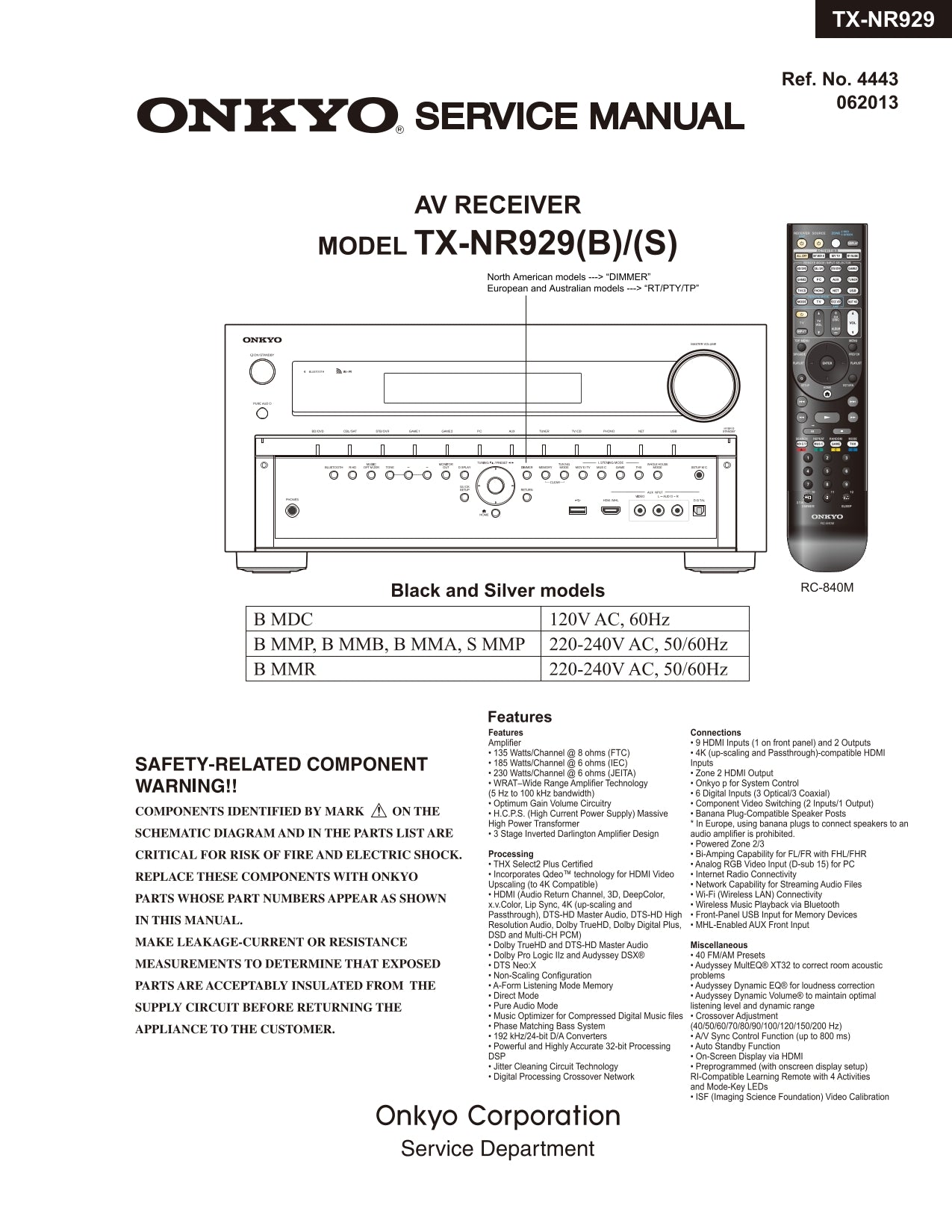Onkyo TX-NR929 AV Receiver Service Manual (Pages: 142)
