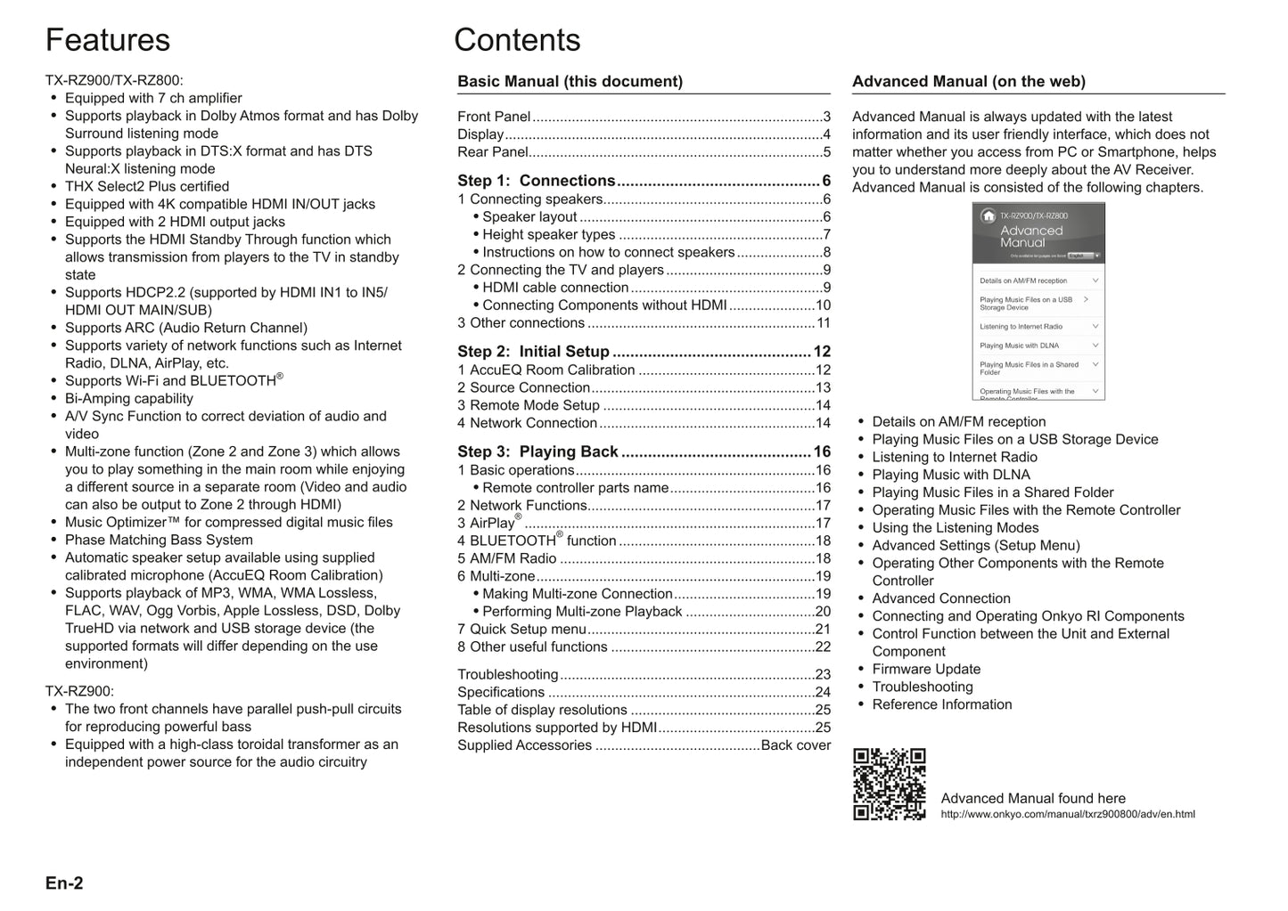 Onkyo TX-RZ800 & TX-RZ900 Audio Receiver Owner's/ User Manual (Pages: 36)