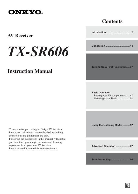 Onkyo TXSR606 Audio/Video Receiver Operating Manual