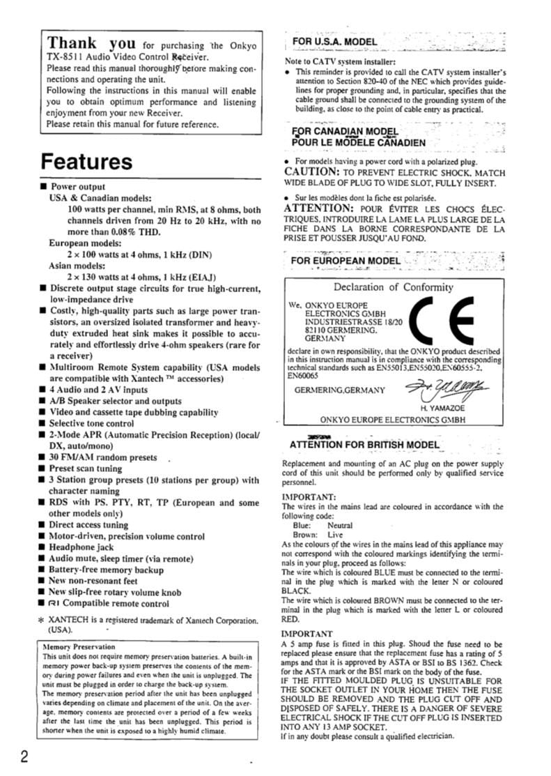 Onkyo TX8511 Audio System Operating Manual