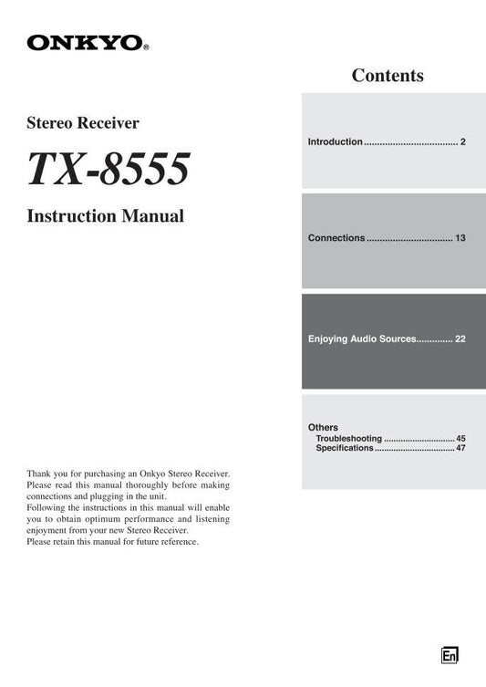 Onkyo TX8555 Audio/Video Receiver Operating Manual