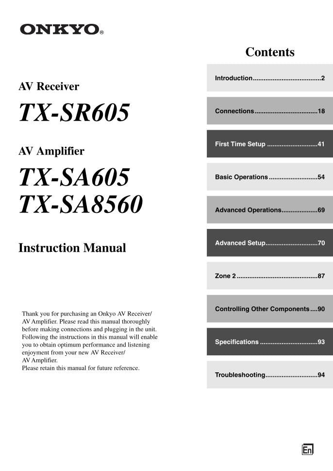 Onkyo TXSA605 TXSA8560 TXSR605 Audio/Video Receiver Operating Manual