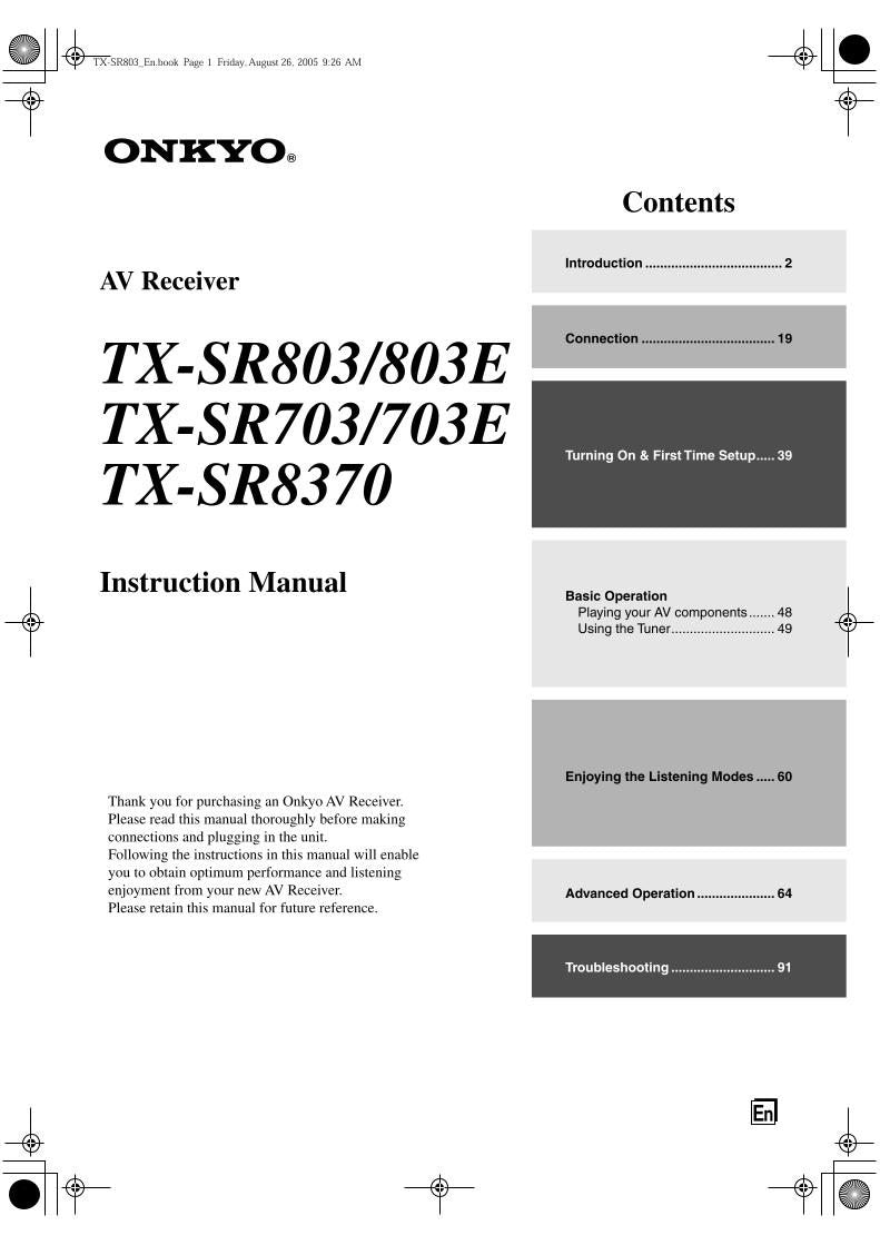 Onkyo TXSR703 E TXSR803 Audio/Video Receiver Operating Manual