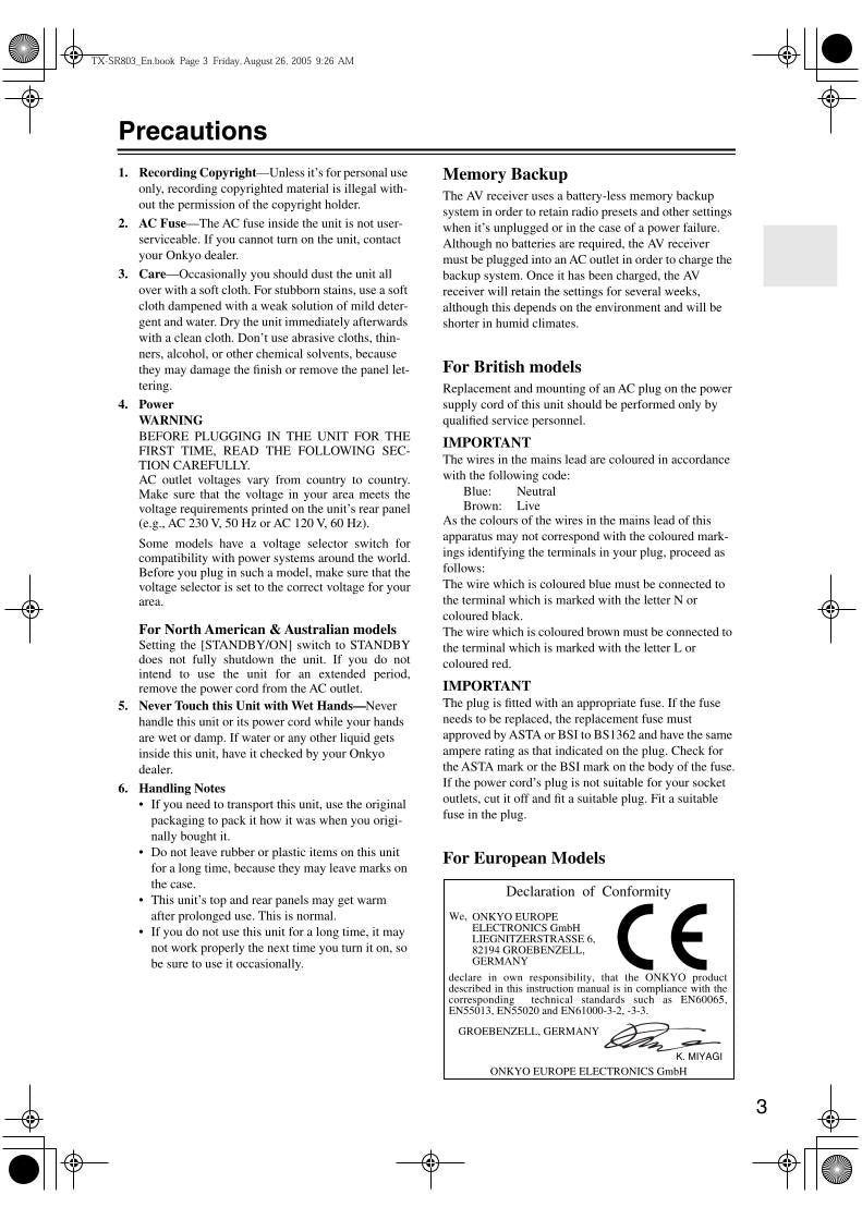 Onkyo TXSR703 TXSR703E TXSR803 Audio/Video Receiver Operating Manual