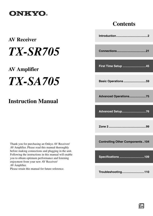 Onkyo TXSR705 Audio/Video Receiver Operating Manual