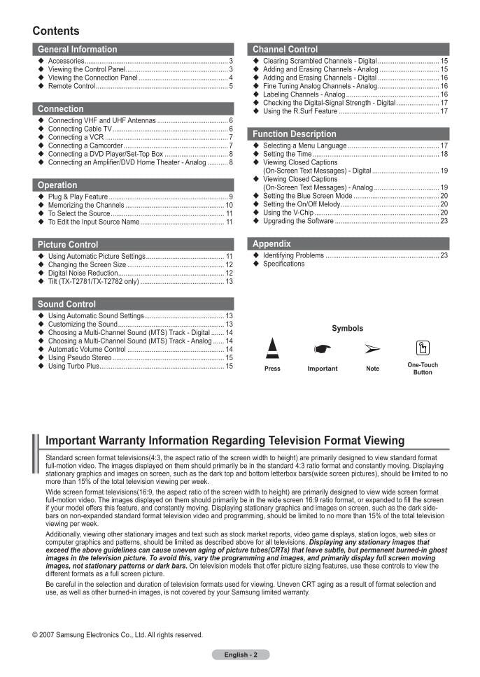 Samsung TXT2082 TXT2781 TXT2782 TV Operating Manual