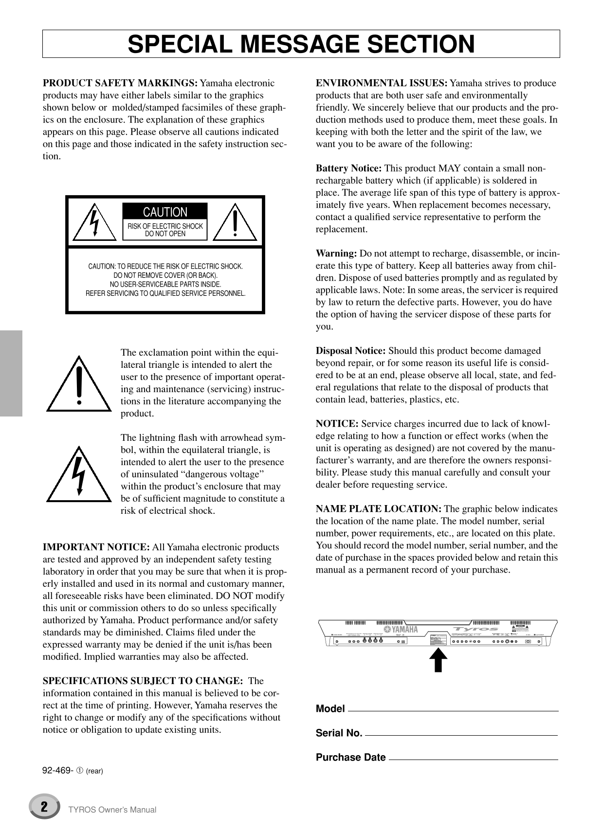 Yamaha Tyros1 Digital Workstation Keyboard Piano Owner's/ User Manual (Pages:176)