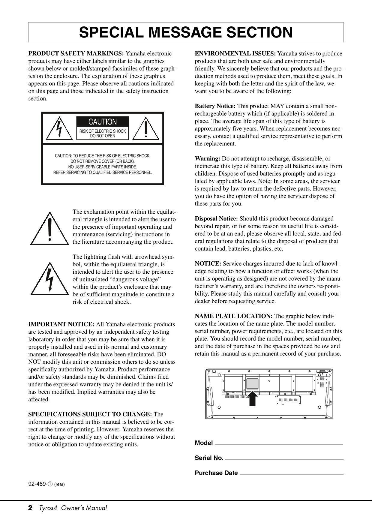 Yamaha Tyros4 Digital Workstation Keyboard Piano Owner's/ User Manual (Pages:126)