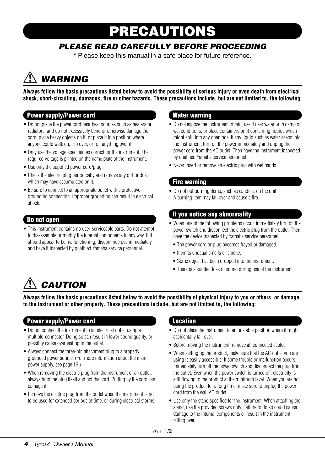 Yamaha Tyros4 Digital Workstation Keyboard Piano Owner's/ User Manual (Pages:126)