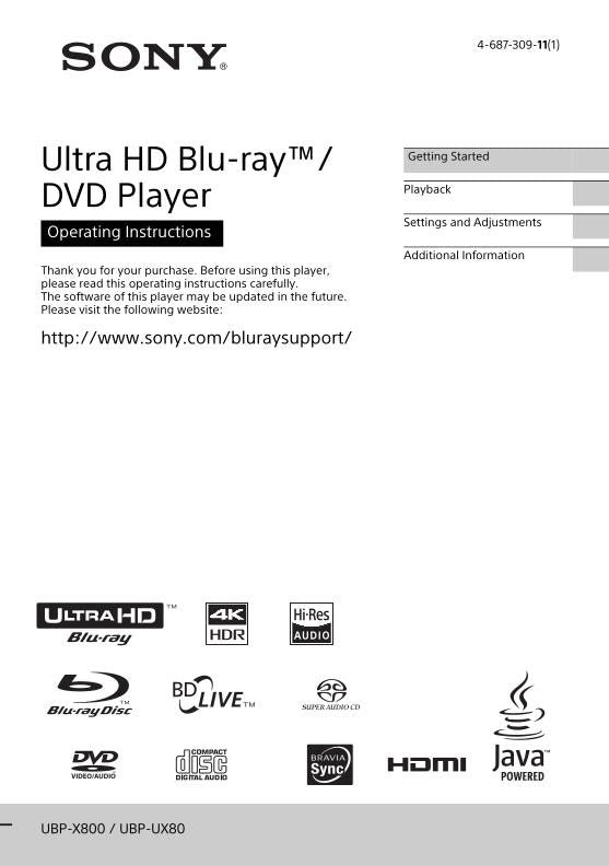 Sony UBP-UX80 Blu-Ray DVD Player Operating Manual