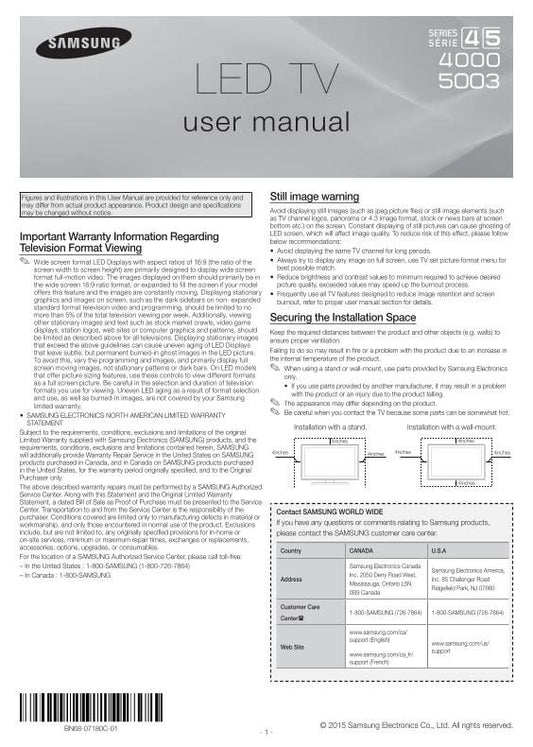 Samsung UN32J4000AFXZA UN32J4000BFXZA UN32J5003AFXZA TV Operating Manual