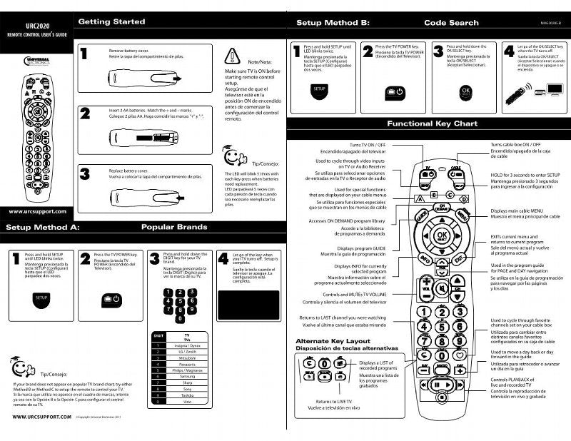 U Remote Control Instructions Universal-Electronics URC2020B0OM Universal Remote Control Operating M ...