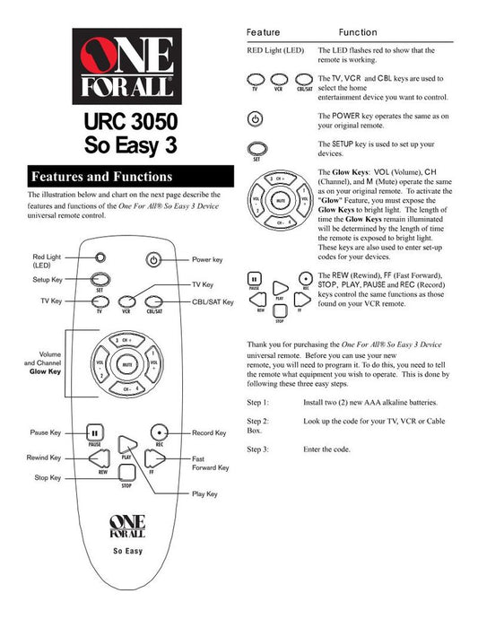 One For All URC3050 & Codes Universal Remote Control Operating Manual