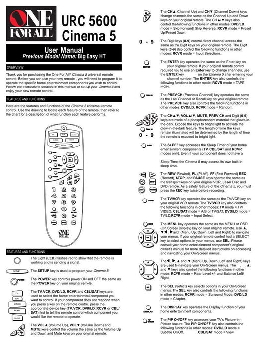 One For All URC5600 & Codes Universal Remote Control Operating Manual