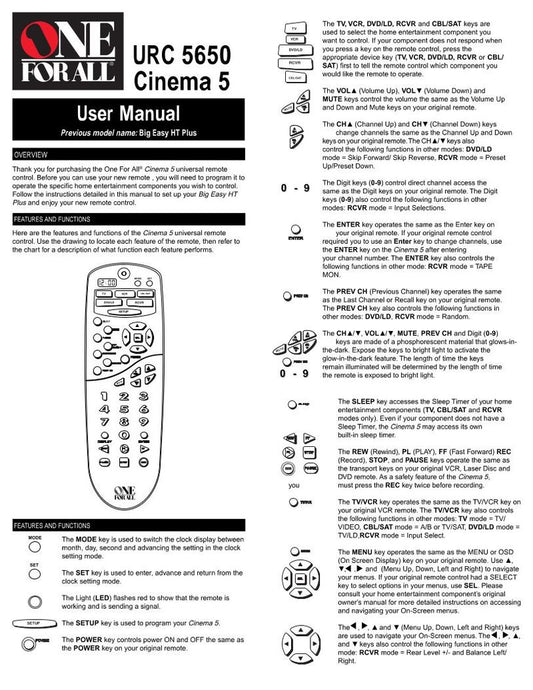 One For All URC5650 & Codes Universal Remote Control Operating Manual