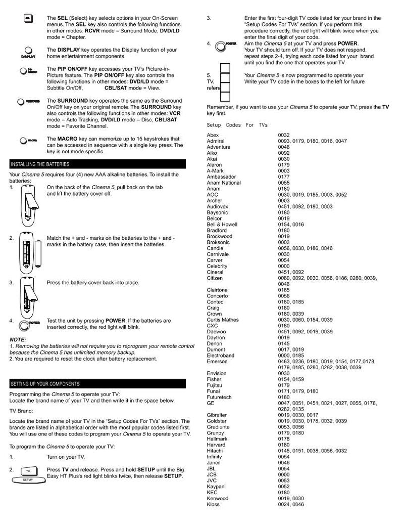 One For All URC5650 & Codes Universal Remote Control Operating Manual