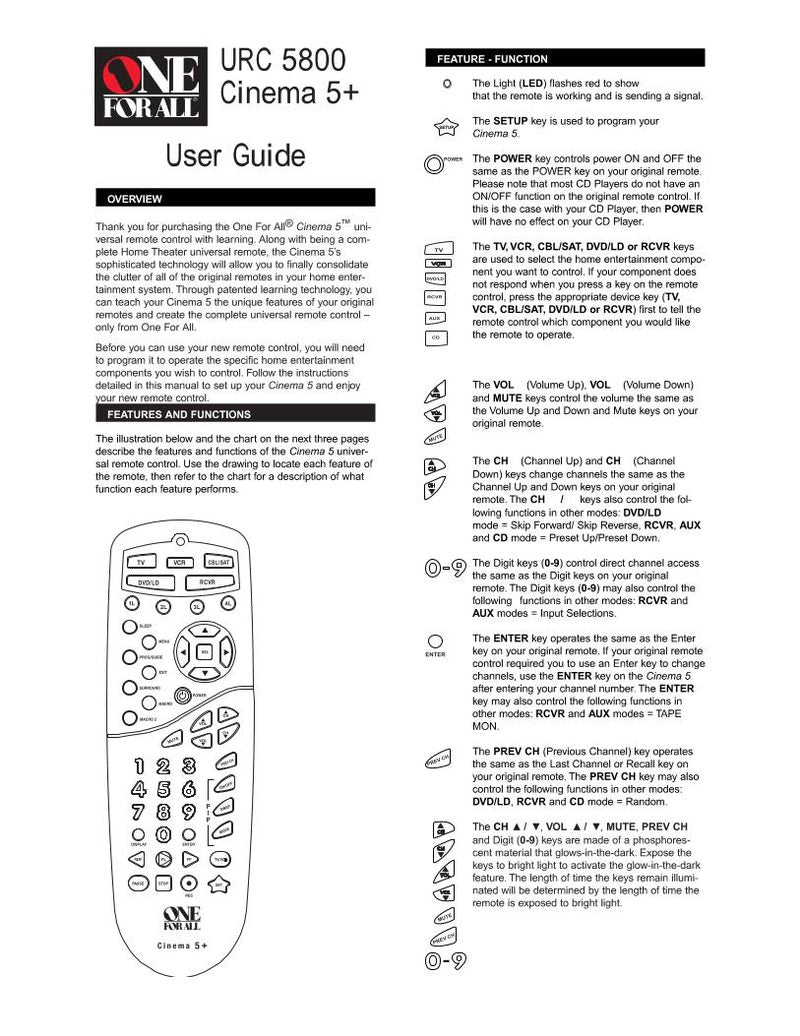 One For All URC5800 & Codes Universal Remote Control Operating Manual