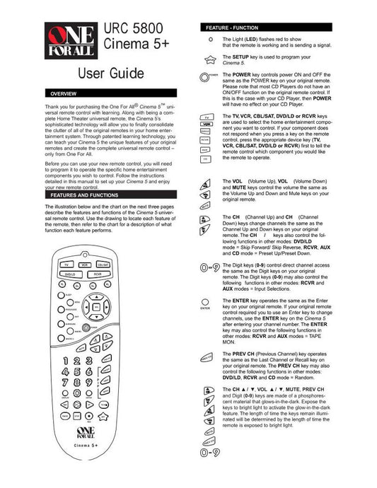 One For All URC5800 & Codes Universal Remote Control Operating Manual