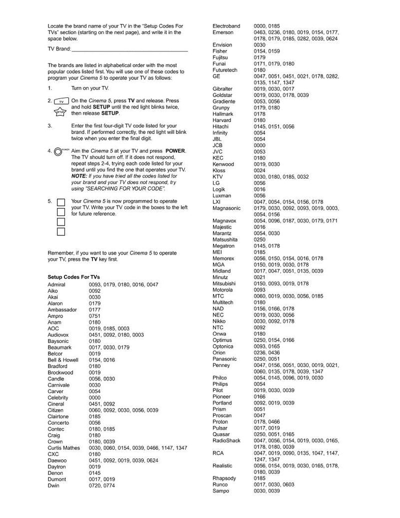 One For All URC5800 & Codes Universal Remote Control Operating Manual