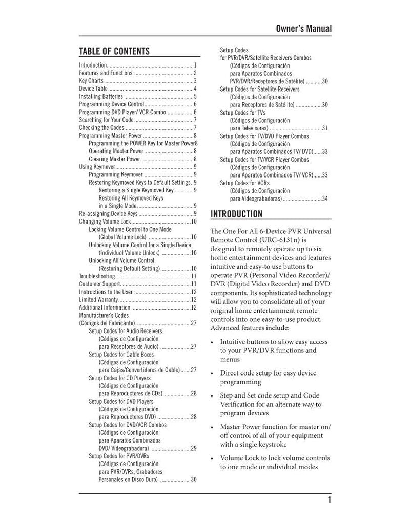 One For All URC6131NOM Universal Remote Control Operating Manual