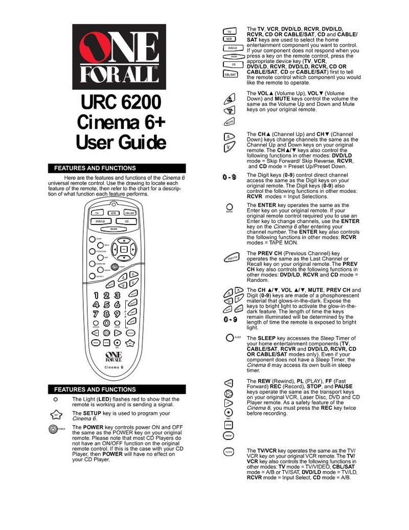 One For All URC6200 & Codes Universal Remote Control Operating Manual