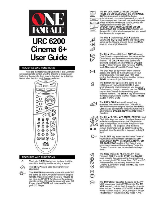 One For All URC6200 & Codes Universal Remote Control Operating Manual