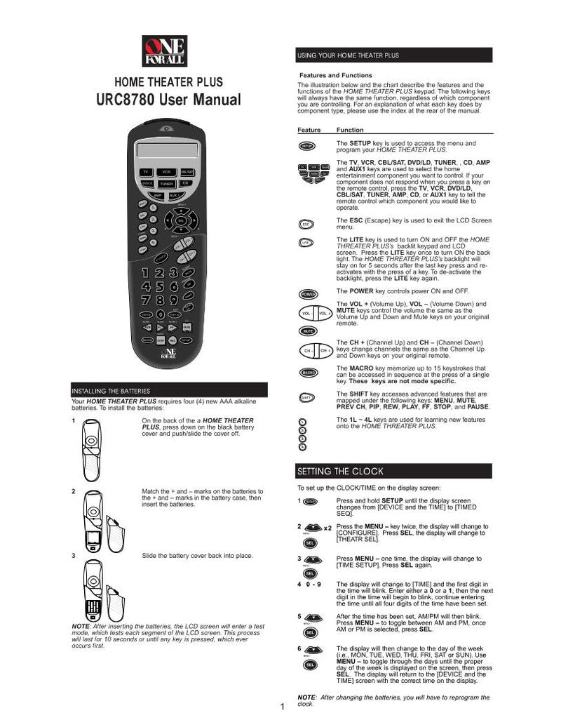 One For All URC8780 & Codes Universal Remote Control Operating Manual