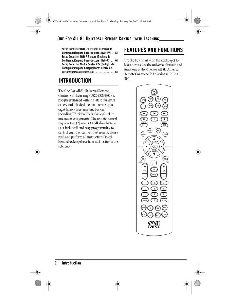 One For All URC8820 & Codes Universal Remote Control Operating Manual