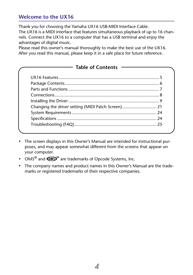 Yamaha UX16 USB-MIDI Interface Owner/ User Manual (Pages: 30)