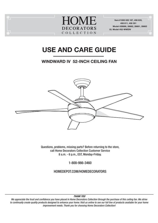 Hampton Bay 52 INCH HAMPTON BAY WINDWARD IV CEILING FAN 458611 Ceiling Fan Operating Manual