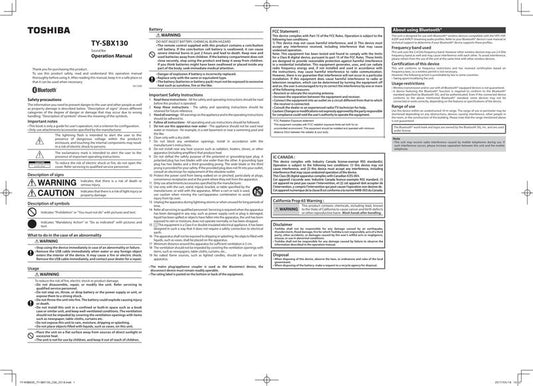 Toshiba TYSBX130 Sound Bar System Operating Manual