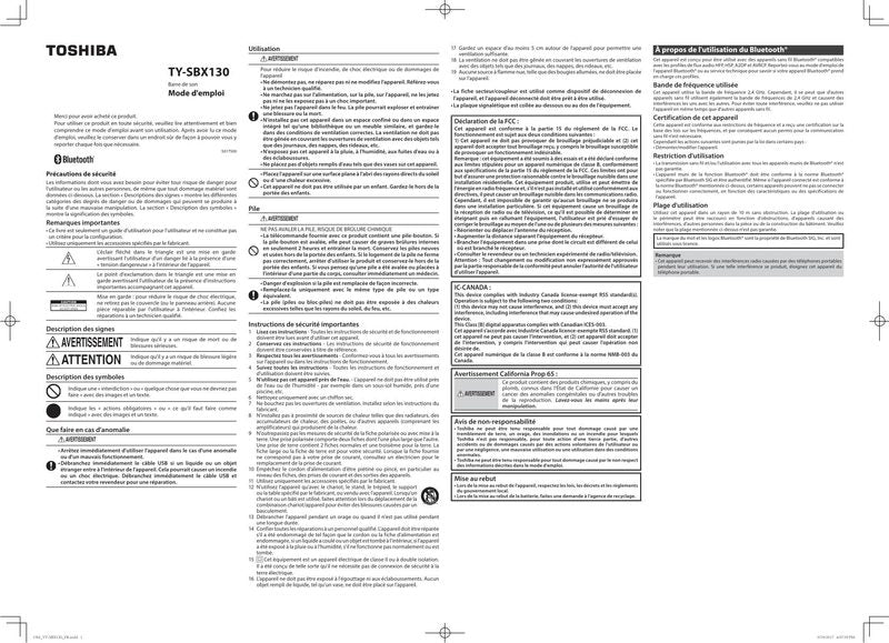 Toshiba TYSBX130 Sound Bar System Operating Manual