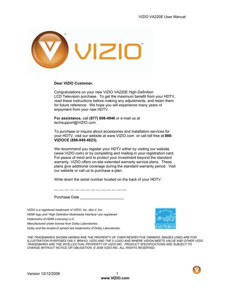 Vizio VA220E TV Operating Manual