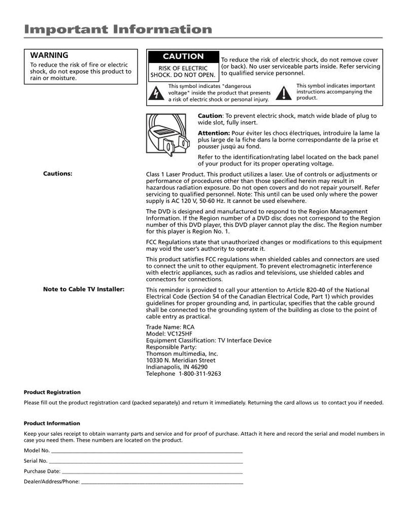 RCA VC125HF TV Operating Manual