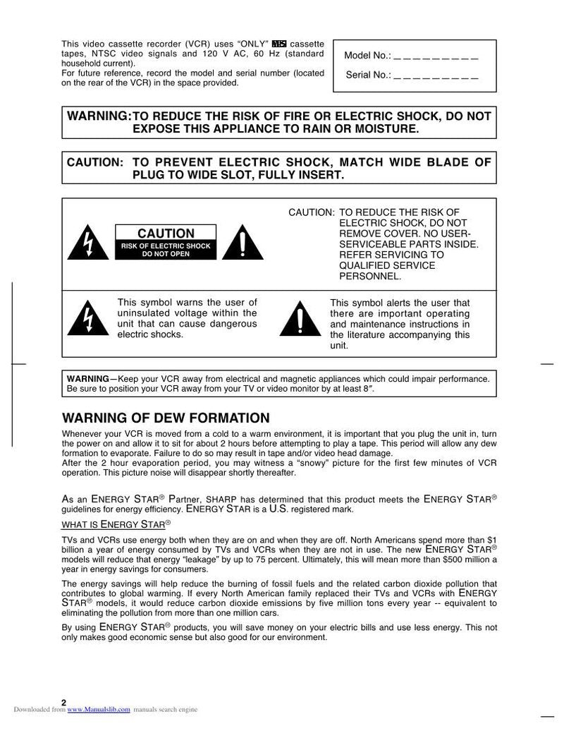 Sharp VCA552 VCR Operating Manual