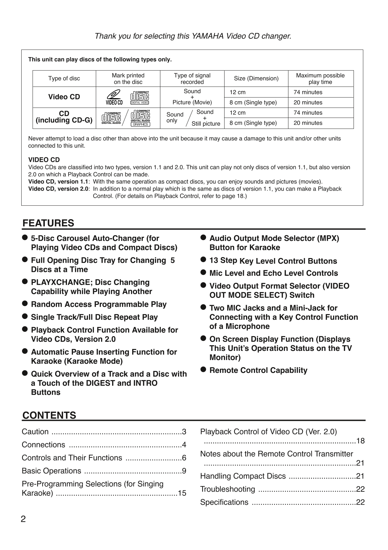 Yamaha VCD-120K CD Player Owner's/ User Manual (Pages: 23)