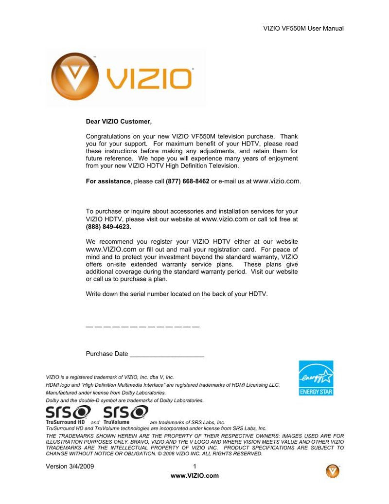 Vizio VF550M TV Operating Manual