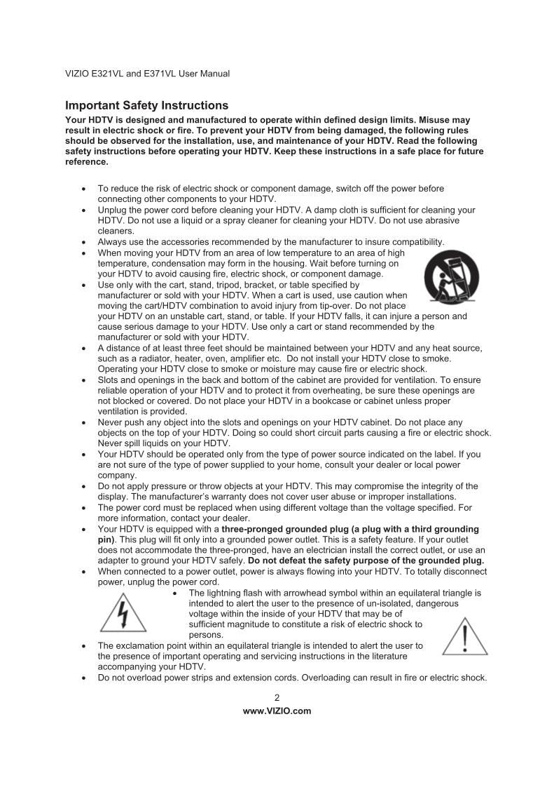 Vizio E371VL E421VL E470VL TV Operating Manual